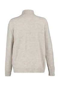 Hellbeiger Pullover mit hohem Kragen, gerippten Bündchen und Saum, aus einem weichen, strukturierten Stoff und mit einem lockeren Schnitt.