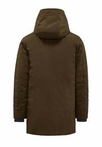 Parka isolante marrone con cappuccio, texture liscia, maniche lunghe, taglio dritto e polsini elastici. Dettagli di cucitura minimi.