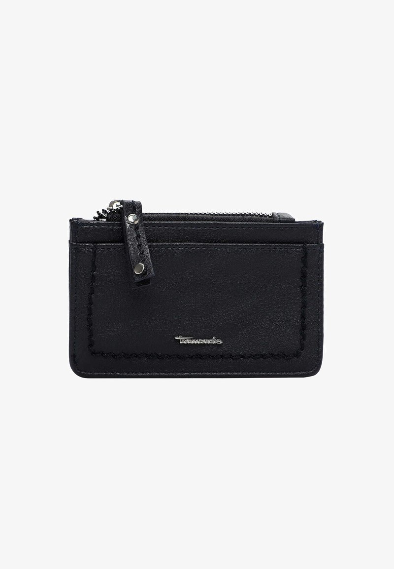 Black leather cardholder with a zippered pocket, stitching detail along the edge, and a silver brand logo on the front. Compact rectangular shape.