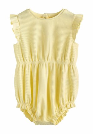 Žlutý dětský overal s žebrovaným vzorem, volánkovým lemováním, elastickým pasem a zapínáním na druky ve spodní části pro snadné přebalování.
