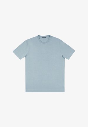 Camiseta de manga corta azul claro en una mezcla de algodón suave y liso. Presenta un cuello redondo y un corte relajado.