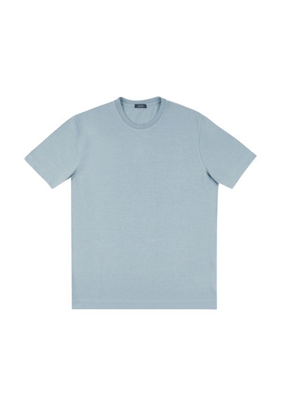 Helles blaues kurzärmliges T-Shirt aus einem weichen, glatten Baumwollmix. Verfügt über einen runden Halsausschnitt und eine lässige Passform.