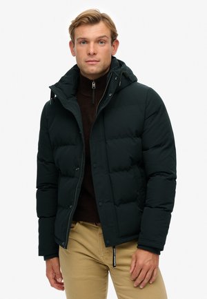 Mand iført en sort dunjakke med hætte, en mørkebrun zip-trøje og beige bukser, der står mod en ensfarvet hvid baggrund.
