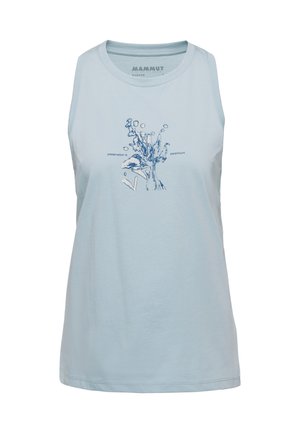 Hellblaues ärmelloses Oberteil mit einem blauen Splash-Grafikmotiv und dem Text "Preservation is paramount" in der vorderen Mitte.