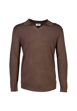 Brun, långärmad stickad tröja med v-ringning och krage. Har ribbad mudd och nederkant, tillverkad av ett mjukt tyg.