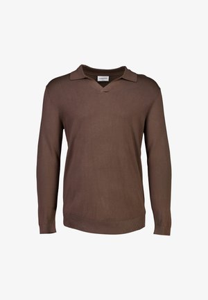 Bruine, langärmige gebreide pullover met een v-hals en kraag. Heeft ribbels aan de mouwen en onderkant, gemaakt van een gladde stof.