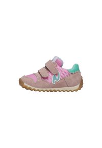 Baskets roses et beiges en matériaux en maille et en daim, avec des bandes Velcro, une semelle en caoutchouc ondulée et des accents bleu clair. Présentent un logo stylisé.