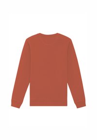 Sweatshirt de couleur rouille avec des manches longues, un col rond et des poignets et un ourlet côtelés. Fabriqué en matériau doux avec une texture lisse.