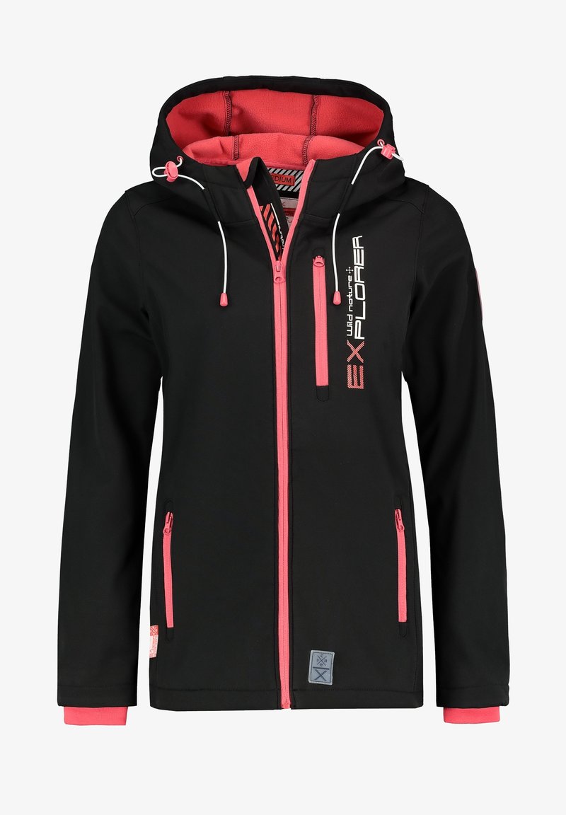 Veste softshell noire avec des fermetures éclair rose corail, doublure de capuche, et le texte « EXPLORER » sur la poitrine, dotée de trois poches zippées et d'une capuche.