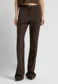 Bruine wijde broek gemaakt van gladde stof, met een voorkeursknopen sluiting en strakke persnaden, gecombineerd met puntige zwarte schoenen.