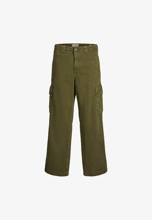 Olivgrüne Cargo-Hosen mit entspanntem Schnitt, schwerem Baumwollmaterial, mehreren Seitentaschen und geradem Bein.