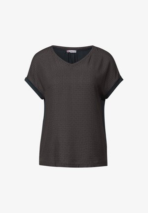 Blusa a trama nera e grigia con scollo a V, maniche corte e vestibilità rilassata. Tessuto liscio con accenti a tinta unita a contrasto sulle maniche.