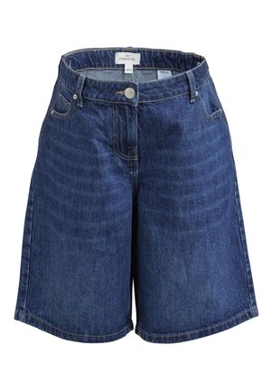 Pantaloni scurți de maternitate din denim albastru închis, cu croială lejeră, talie cu închidere cu nasture și design tradițional cu cinci buzunare.