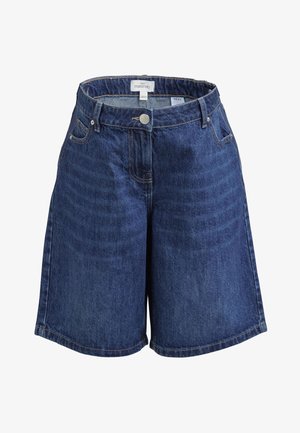 Pantaloni scurți de maternitate din denim albastru închis, cu croială lejeră, talie cu închidere cu nasture și design tradițional cu cinci buzunare.