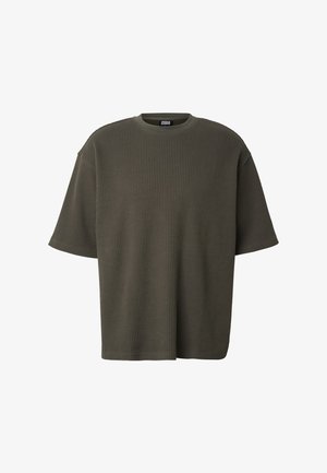 Mørkegrøn kortærmet trøje i vaffelstrik med rund halsudskæring og afslappet pasform.