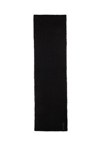 Zwarte, geribbelde sjaal van textuur gebreide stof in rechthoekige vorm. Heeft een klein zwart label aan één uiteinde.