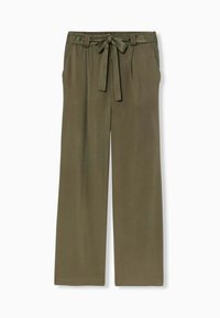 Pantalons larges vert olive avec une taille à nouer, texture lisse et deux poches latérales. Présente une coupe décontractée et un design à jambe droite.