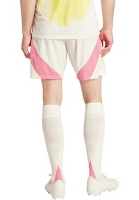 Valkoiset urheilushortsit, joissa on vaaleanpunaiset yksityiskohdat, yhdistettynä valkoisiin polvenmittaisiin sukkiin, joissa on vaaleanpunaisia kolmiomuotoisia kuvioita, nähtynä takaa.