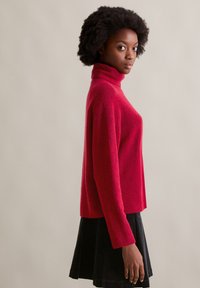 Roter, weicher Pullover mit hohem Kragen, lockerer Passform und gerippter Textur. Kombiniert mit einem schwarzen, ausgestellten Rock, der eine schlanke Silhouette zeigt.
