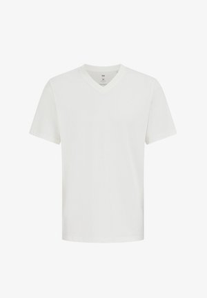 Maglietta bianca semplice a maniche corte con scollo a V, taglia media, esposta su uno sfondo bianco.