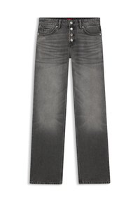 Svarta jeans i denim med raka ben, fem fickor och knappgylf. Faded textur med subtila färgvariationer.