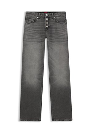 Pantalones vaqueros de mezclilla negra con pierna recta, cinco bolsillos y cierre de botones. Textura desgastada con sutiles variaciones de color.