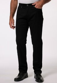 Svart bomull byxor med rak passform, med frontknapp och dragkedja, sidofickor och bältesloopar.