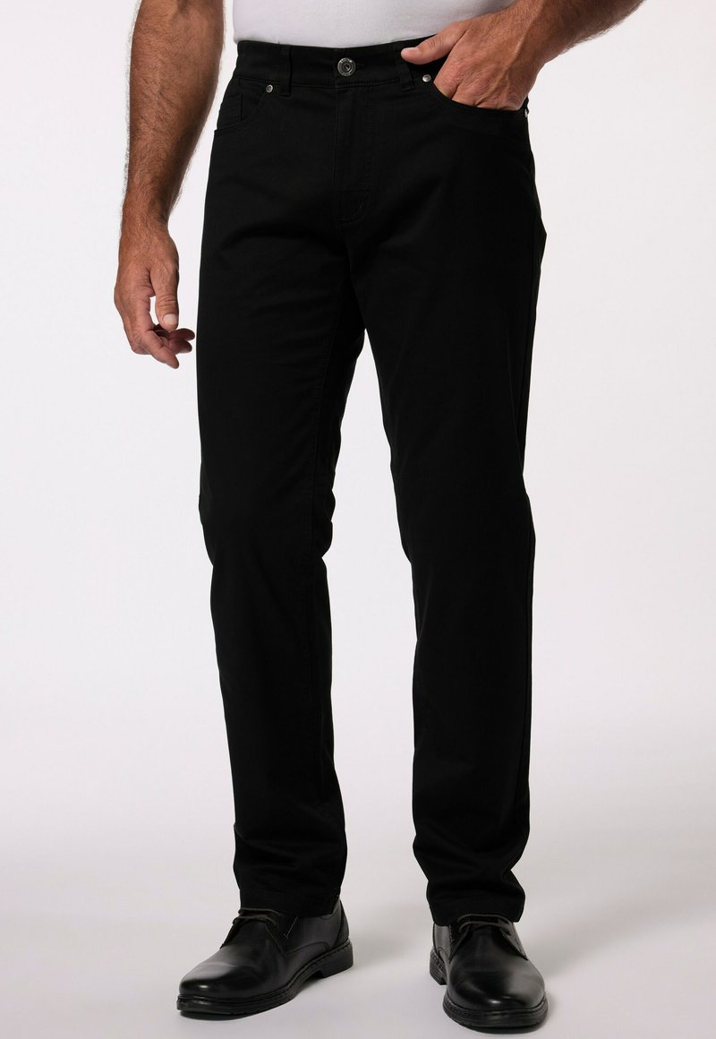 Svart bomull byxor med rak passform, med frontknapp och dragkedja, sidofickor och bältesloopar.