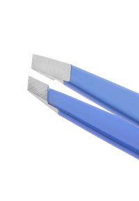 Niebieskie pęsety z stalowymi końcówkami, wyposażone w dwa płaskie, ostre krawędzie dla precyzji. Rączki mają gładką teksturę i ergonomiczną konstrukcję.
