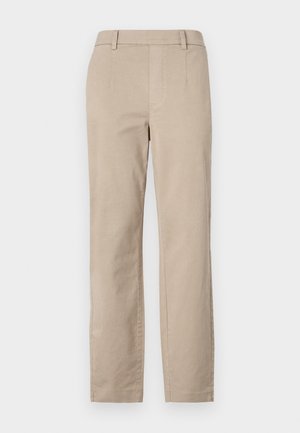 Beige puuvillased püksid otse säärega disainiga, millel on vöörihmade jaoks silmad ja ei ole nähtavaid kaunistusi ega mustreid.