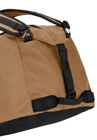 Bruine stoffen tas met zwarte accenten, heeft een stevige basis, verstelbare schouderbanden en een sluiting met een haak. Glad materiaal met versterkte naden.