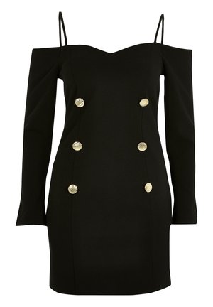 Vestido negro corto con hombros descubiertos, tirantes delgados, mangas largas y dos filas verticales de tres botones decorativos dorados en la parte delantera.