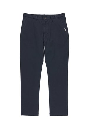 Navy blue cotton chinos with a straight leg design, button closure, belt loops, and a small branded tag on the side.