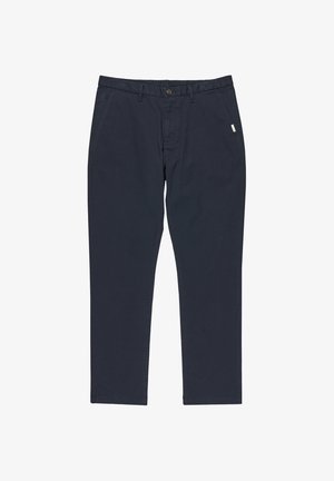 Chinos in cotone blu navy con design a gamba dritta, chiusura con bottone, passanti per cintura e una piccola etichetta di marca sul lato.