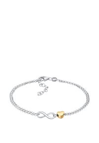 Silberne Kettenarmband mit einem goldenen Herzanhänger und einem Unendlichkeitssymbol. Zartes Design mit einem Karabinerverschluss und verstellbarer Länge.