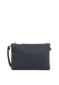 Borsa a tracolla nera chiara realizzata in materiale sintetico testurizzato. Dotata di chiusura con zip, tracolla removibile e design rettangolare minimalista.