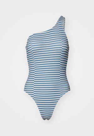 Badedragt i ét stykke med en skulderdesign, prydet med vandrette blå og hvide striber. Fremstillet af glat, strækbart stof.