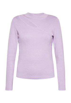 Lillā ilgās piedurknes džemperis ar apaļu kakla izgriezumu. Iekļauj teksturētu rakstu un asimetrisku dizaina akcentu krūšu apvidū. Mīksts adīts materiāls.