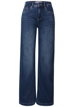 Wijdvallende jeans in donkerdenim, met een klassieke vijf-pocket ontwerp, knoopsluiting aan de voorkant en een lichte slijtage voor textuur.