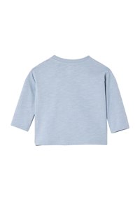 Hellblaues Langarmoberteil mit einem runden Ausschnitt. Weicher Stoff mit einem schlichten Design, einfarbig und ohne Muster oder Akzente.