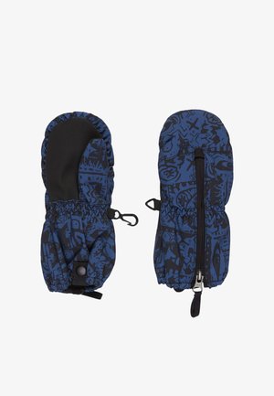 Blaue Handschuhe mit einem schwarzen abstrakten Muster, ausgestattet mit einer strukturierten Handfläche, elastischen Bündchen und einem Reißverschluss für einen sicheren Verschluss.