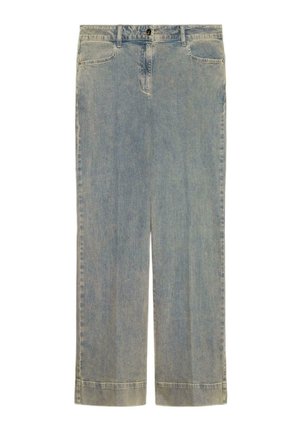 Hellblaue Jeans mit geradem Bein, vorderen Taschen, Gürtelschlaufen und einem Knopfverschluss in der Taille.