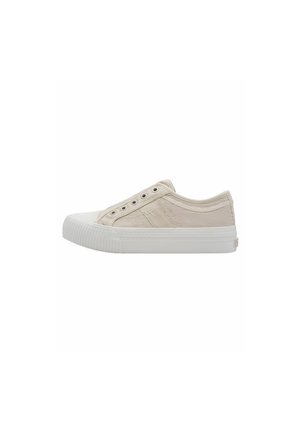 Beige lærredssneakers med rund tå, hvid gummisål og fem metaløjer til snørebånd. Simpelt design med syede accenter.