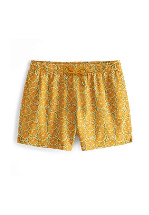 Gelbe Badeshorts mit einem wiederholenden Muster von Orangenscheiben, einem elastischen Bund und einem Kordelzug zur Anpassung.