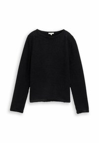 Black sweater with a textured fabric, long sleeves, and a crew neckline. The design is simple with a boxy fit and a slightly cropped length.