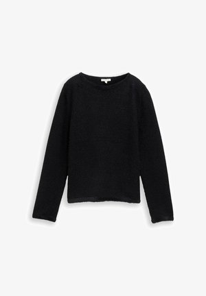 Pull noir en tissu texturé, à manches longues et col rond. Le design est simple avec une coupe oversized et une longueur légèrement raccourcie.