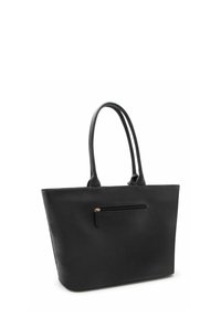 Borsa a mano in pelle sintetica nera con due manici lunghi, forma rettangolare e una tasca frontale con cerniera. Texture liscia con accenti minimi.