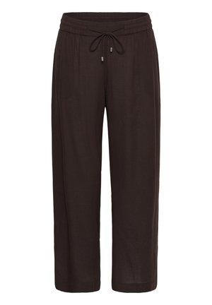 Pantalon marron foncé à coupe ample avec taille élastique et cordon de serrage ajustable, longueur cheville, style décontracté.
