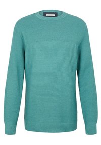 Pull pour hommes en coton biologique de couleur sarcelle avec partie supérieure texturée sur la poitrine et les manches, corps inférieur, poignets et encolure ronde en côtes.
