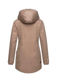Beige Parkajacke mit Kapuze, langen Ärmeln und taillierter Form. Verfügt über elastische Bündchen und einen Rückenbesatz. Hergestellt aus einem glatten, wasserabweisenden Material.